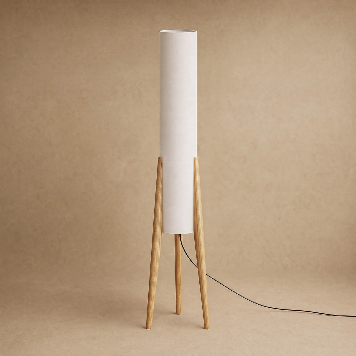 Lampadaire Bois - Colonne Écrue Sur Trépied