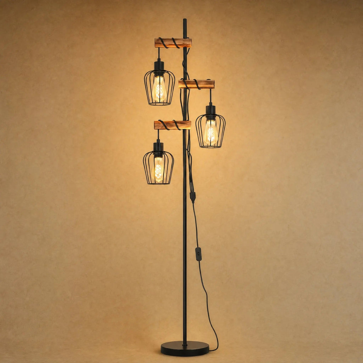 Lampadaire Industriel - Bois Ambré Et Cage Noire