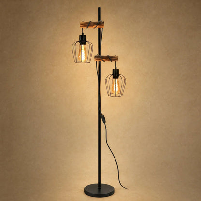Lampadaire Industriel - Bois Ambré Et Cage Noire