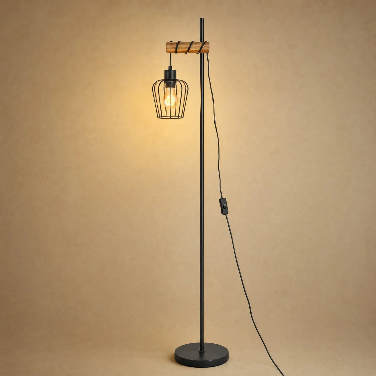 Lampadaire Industriel - Bois Ambré Et Cage Noire