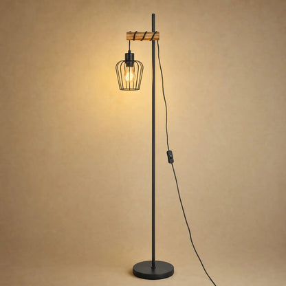 Lampadaire Industriel - Bois Ambré Et Cage Noire