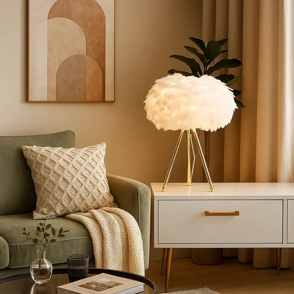 Lampe Table De Chevet - Plumes Dorées Rêveuses