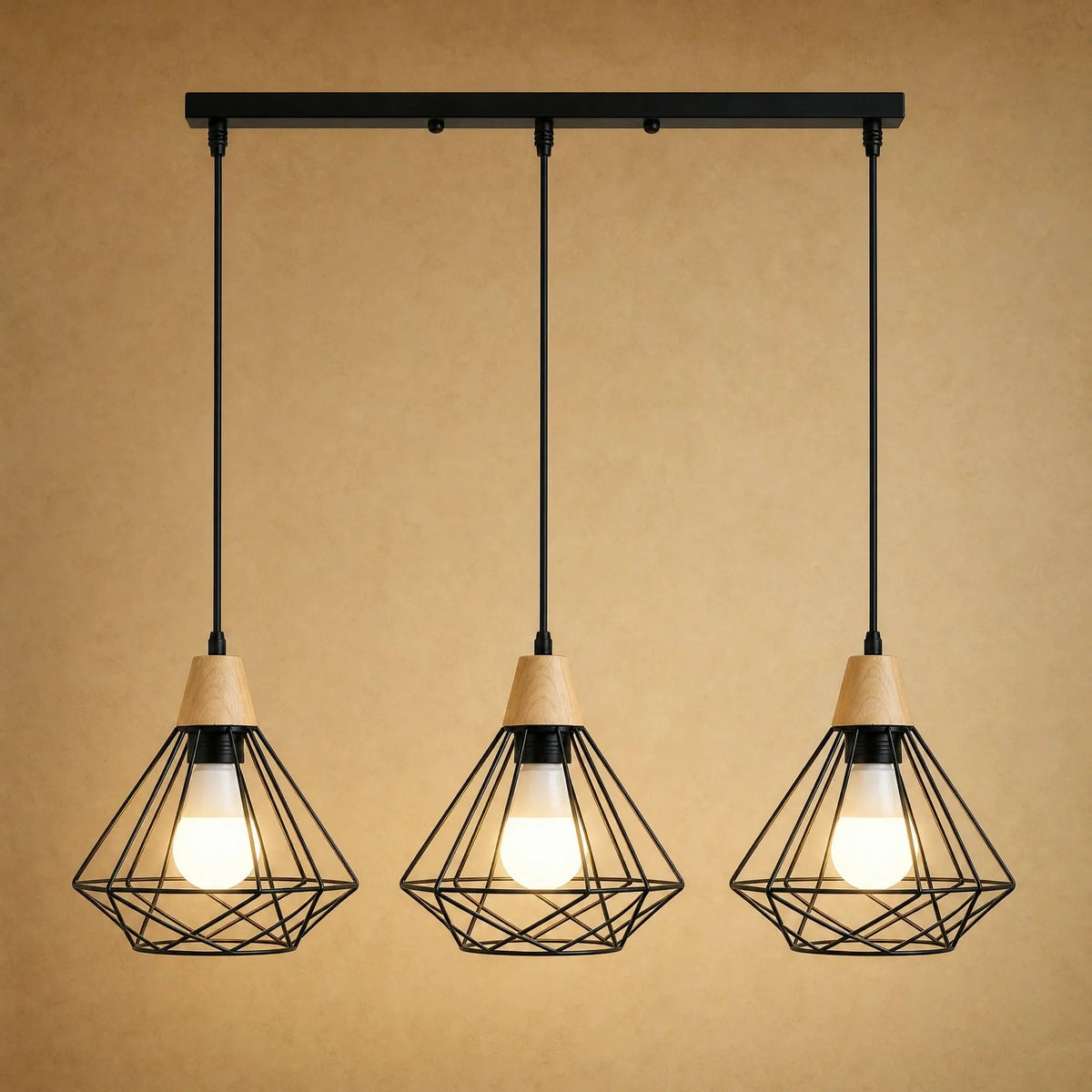 Suspension Industrielle - Cage Diamant Fer Et Bois