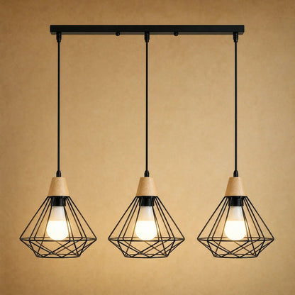 Suspension Industrielle - Cage Diamant Fer Et Bois