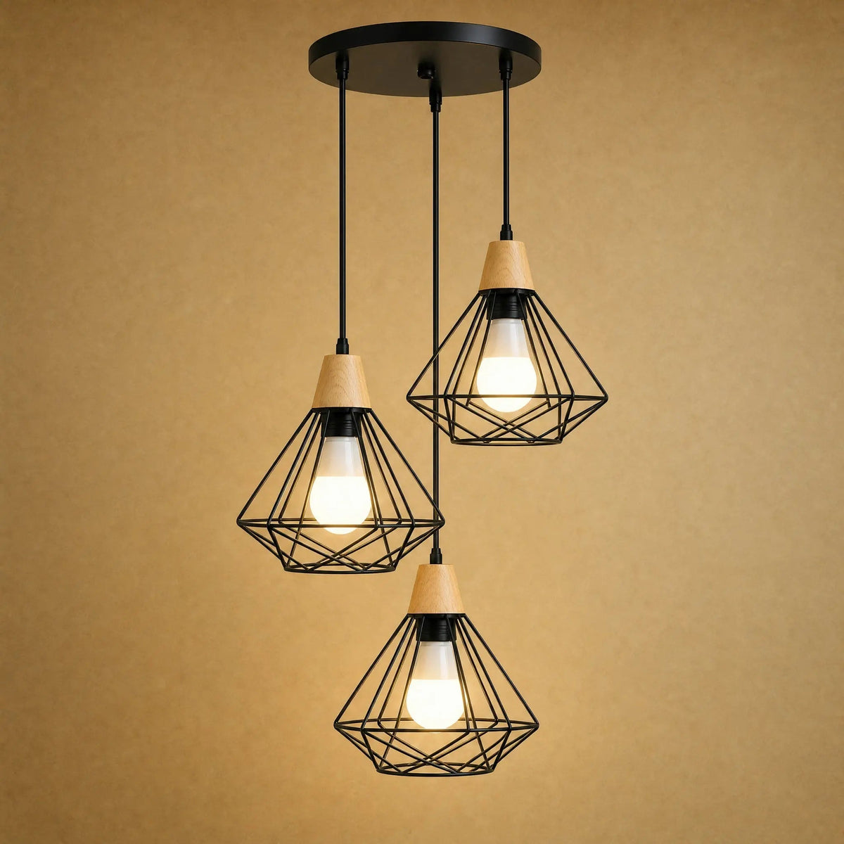 Suspension Industrielle - Cage Diamant Fer Et Bois