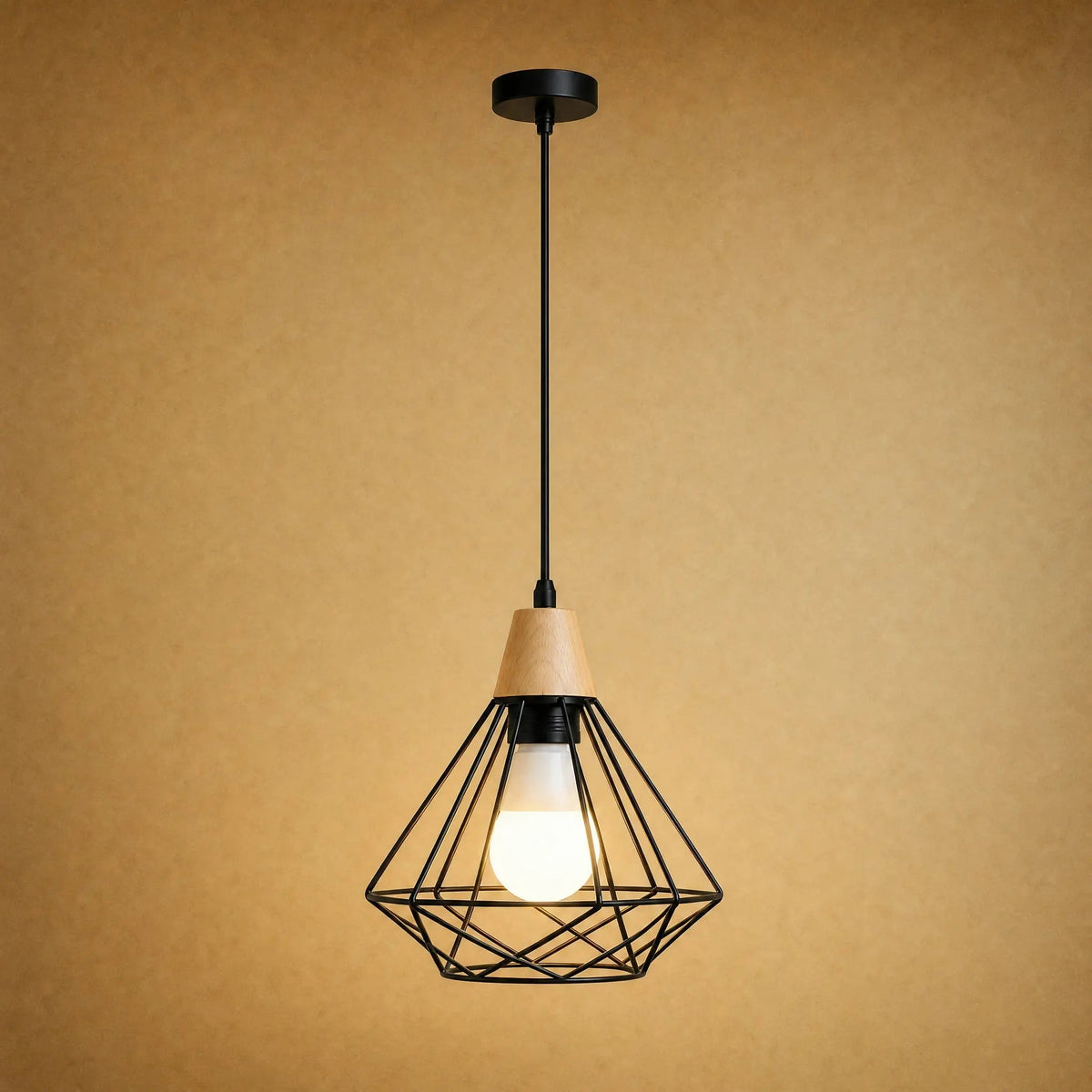 Suspension Industrielle - Cage Diamant Fer Et Bois