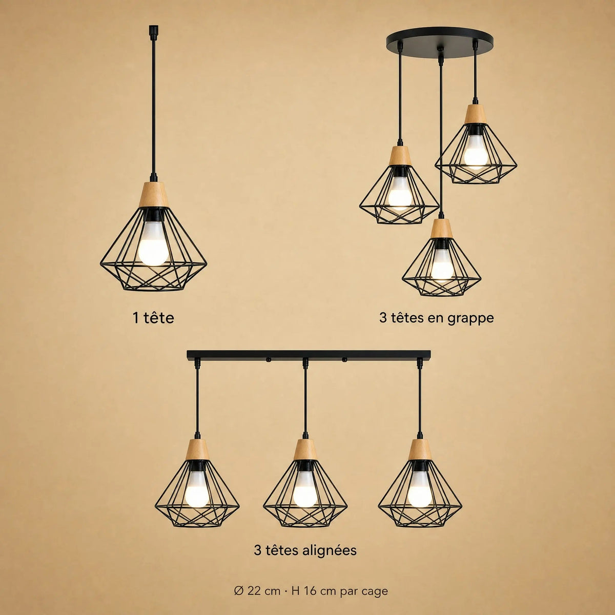 Suspension Industrielle - Cage Diamant Fer Et Bois