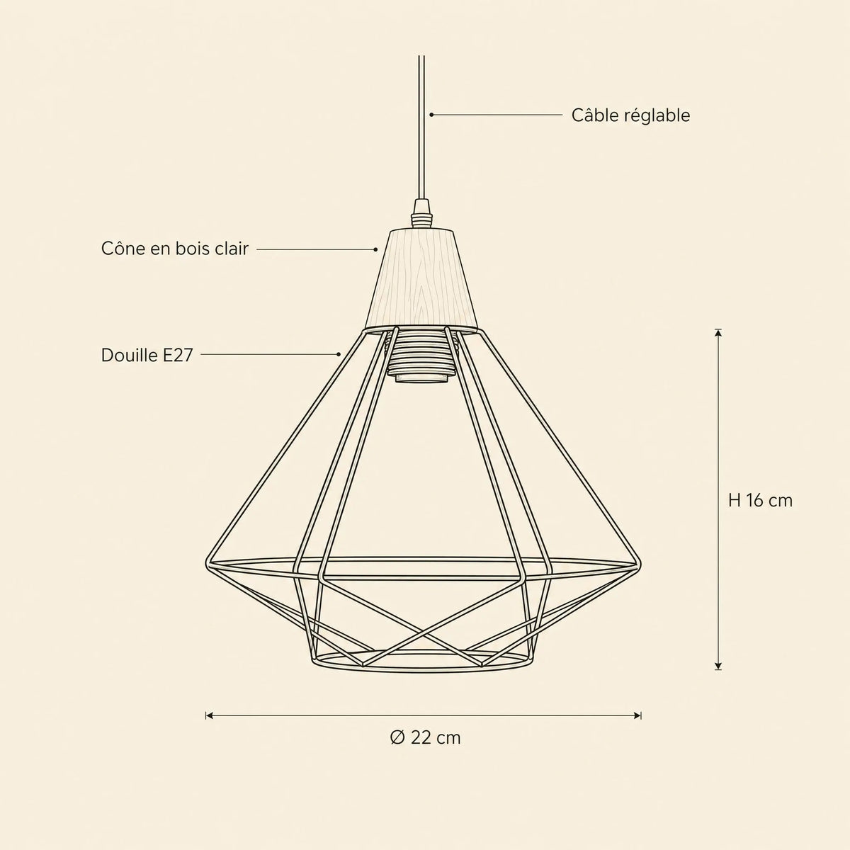 Suspension Industrielle - Cage Diamant Fer Et Bois