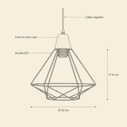 Suspension Industrielle - Cage Diamant Fer Et Bois