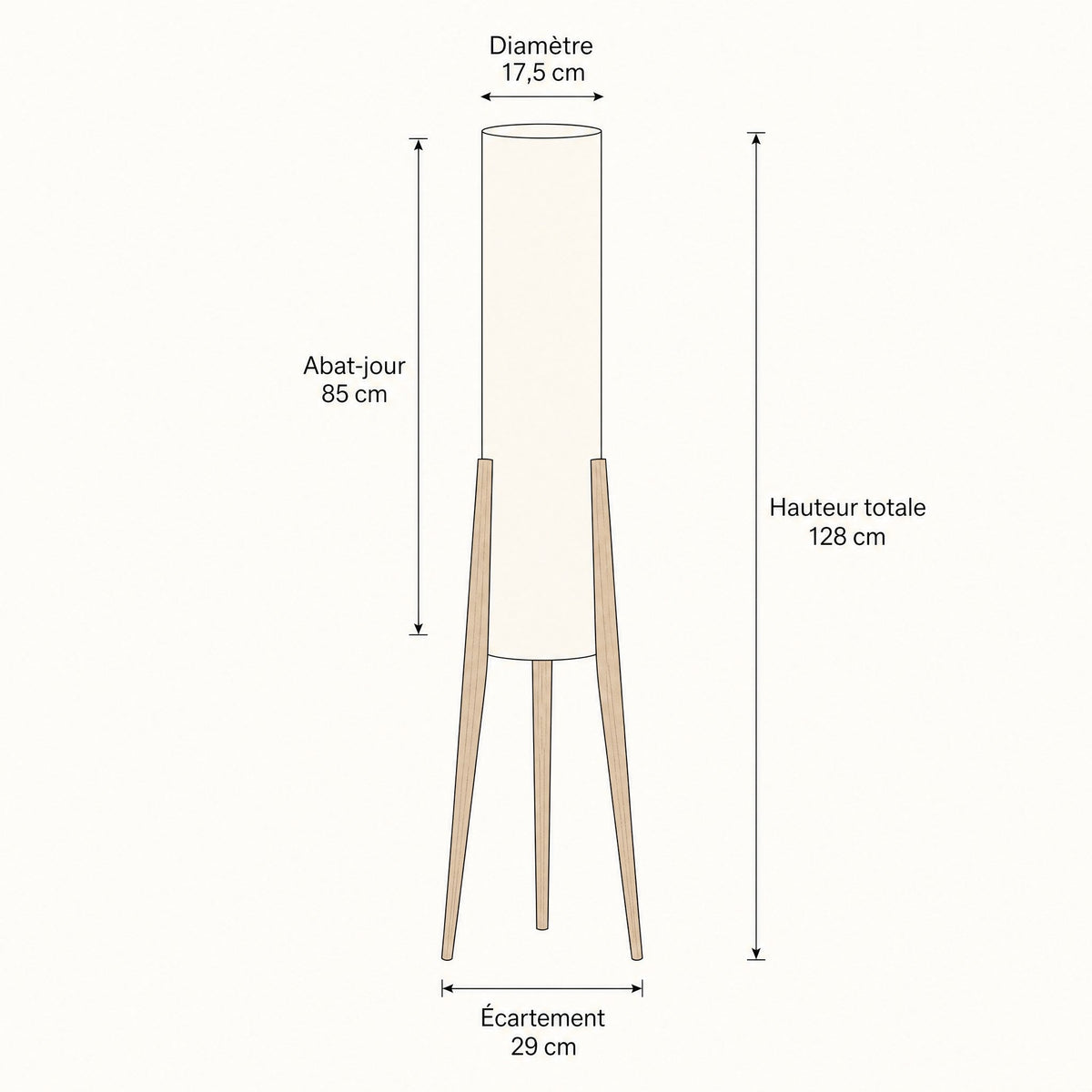 Lampadaire Bois - Colonne Écrue Sur Trépied